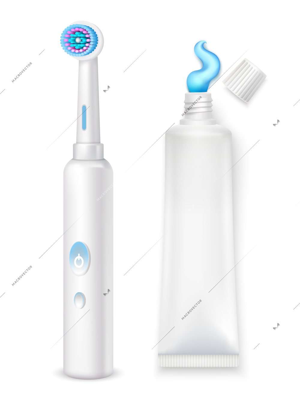 Hygiene decorative icons set of electric toothbrush and toothpaste tube on white background in realistic style isolated vector illustration