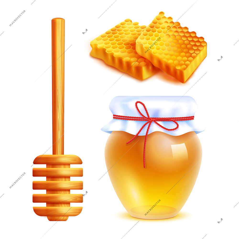 Honey realistic icons set with wooden dipper stick glass jar filled with yellow honey and honeycombs in shape of rectangle isolated vector illustration