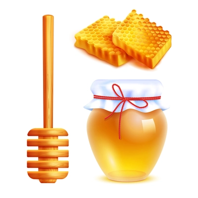 Honey realistic icons set with wooden dipper stick glass jar filled with yellow honey and honeycombs in shape of rectangle isolated vector illustration