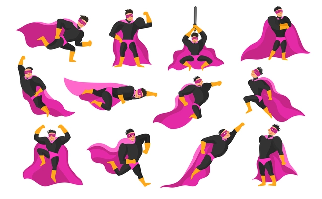 Set of superhero actions and emotions including flying, running and fight, anger and joy isolated vector illustration