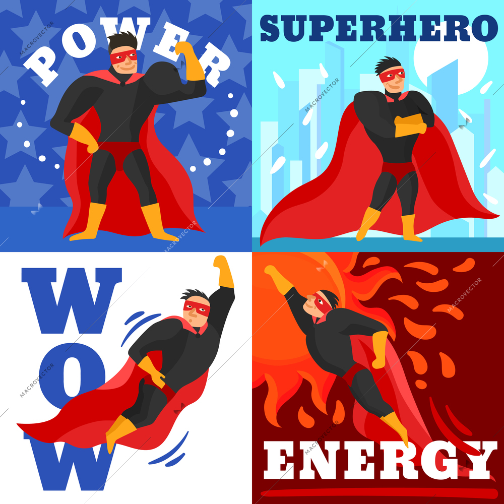 Superhero design concept about power and energy of man in red black clothing isolated vector illustration