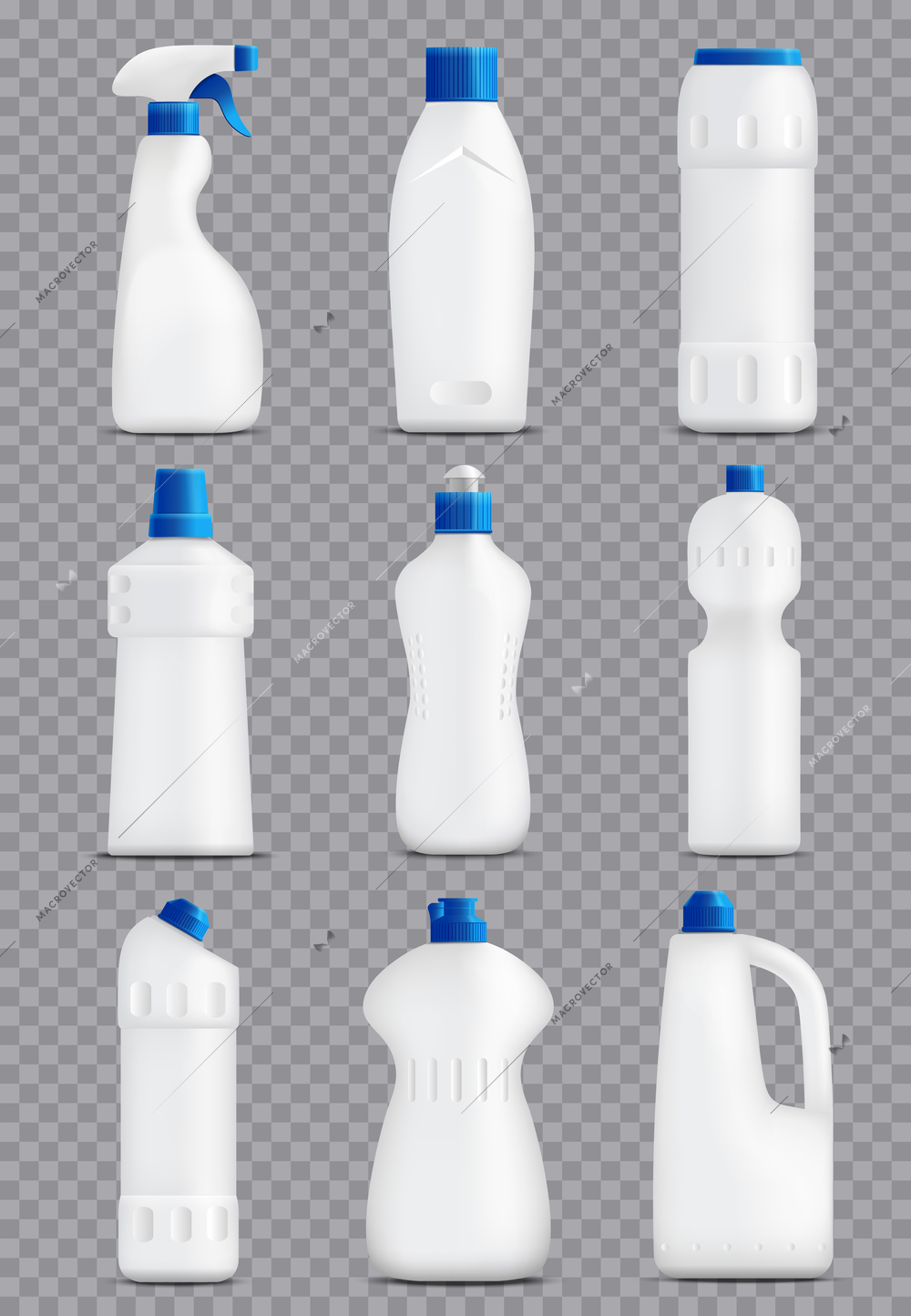 Detergent bottles realistic set of plastic packaging shapes for household chemicals with different pump caps vector illustration