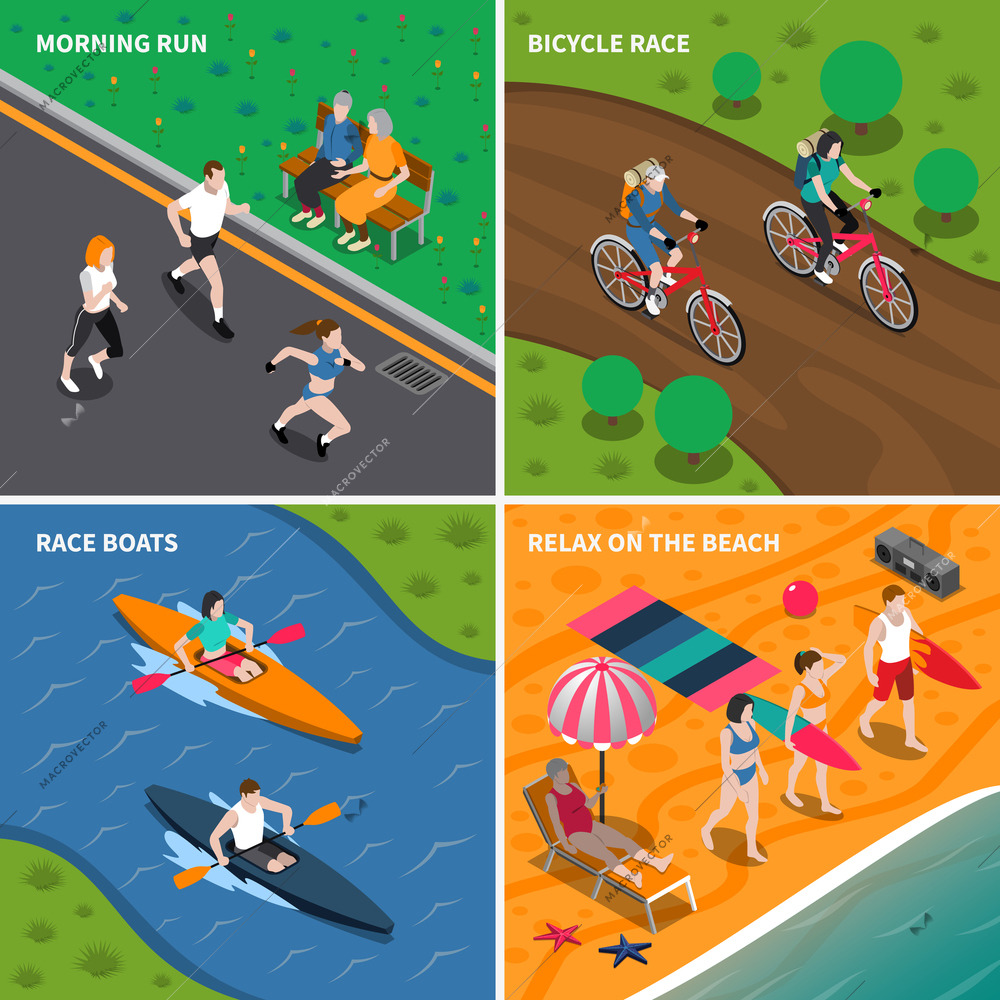 Four square summer outdoor activity people icon set with morning run bicycle and boats races relax on the beach descriptions vector illustration