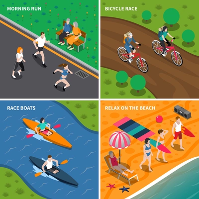 Four square summer outdoor activity people icon set with morning run bicycle and boats races relax on the beach descriptions vector illustration