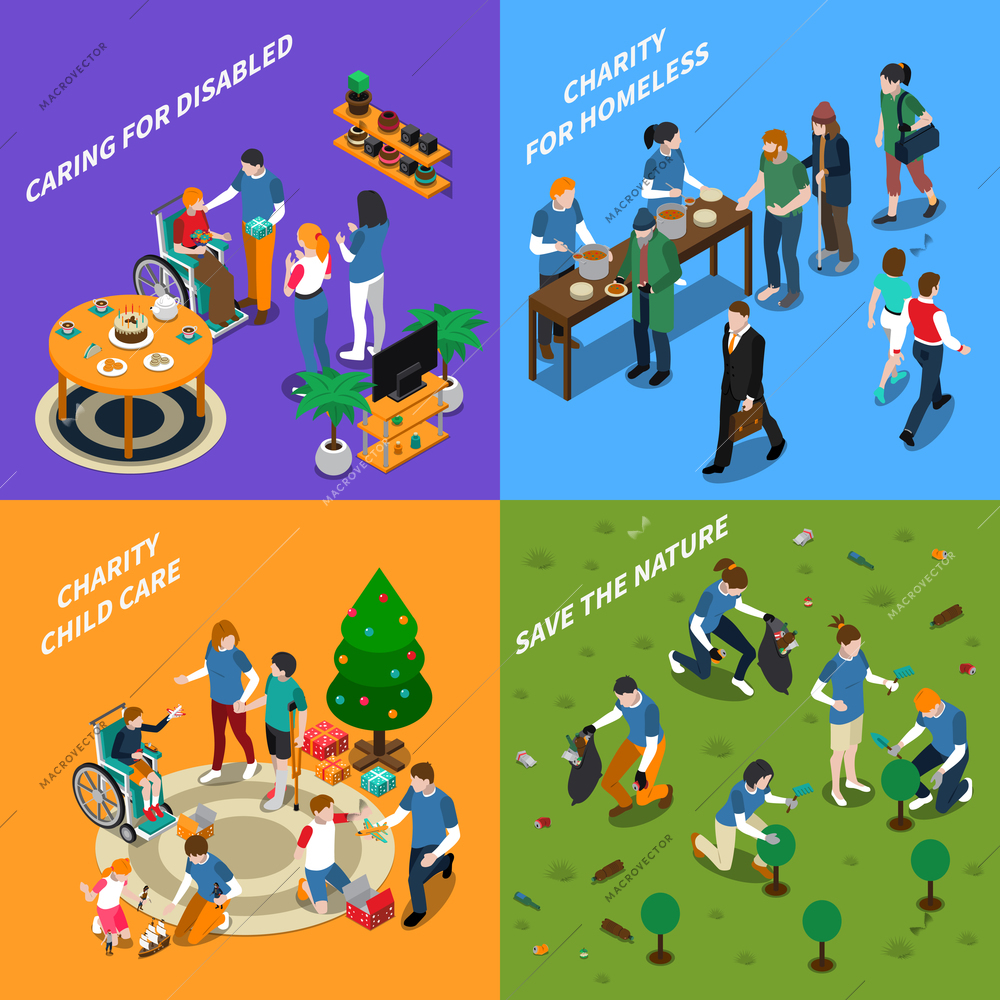 Colored and isometric volunteer charity people icon set with caring for disabled charity for homeless charity child care and save the nature descriptions vector illustration