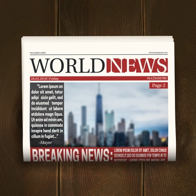 Newspaper front page design poster with world breaking news headlines on dark wood background realistic vector illustration