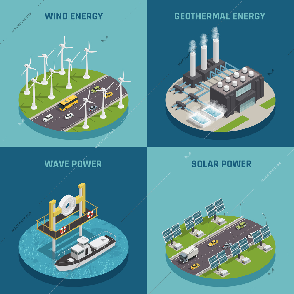 Ecological renewable green energy sources 4 isometric icons square poster with wind solar and power isolated vector illustration