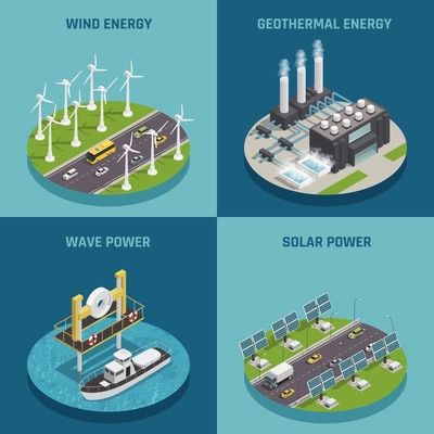 Ecological renewable green energy sources 4 isometric icons square poster with wind solar and power isolated vector illustration