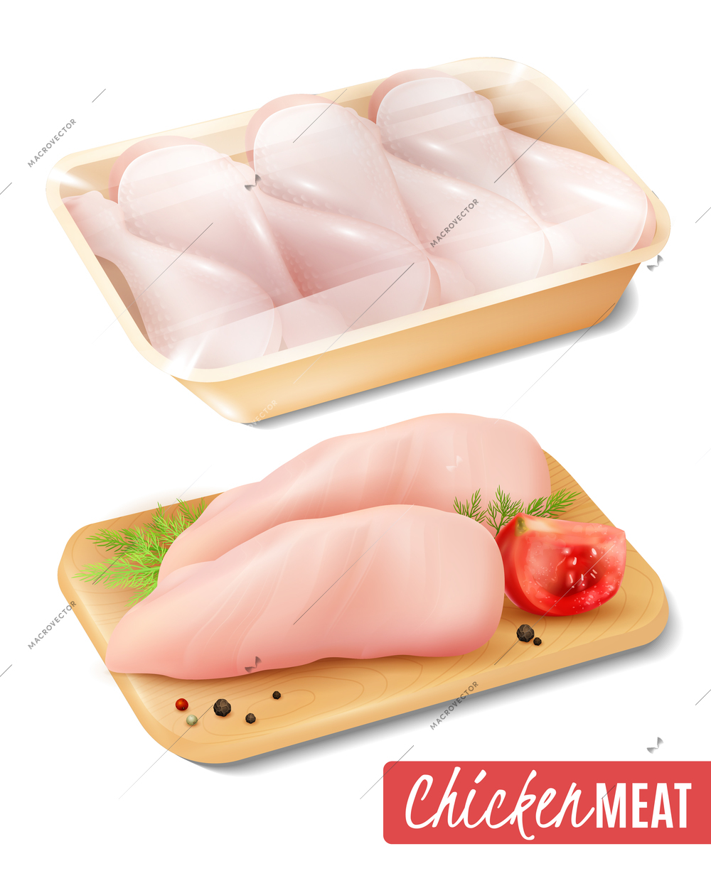 Set of chicken meat in packaging with stretch film and on wooden cutting board isolated vector illustration