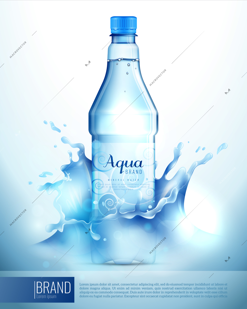 Plastic transparent bottle with mineral water, sticker, blue lid in splashes advertising brand poster vector illustration