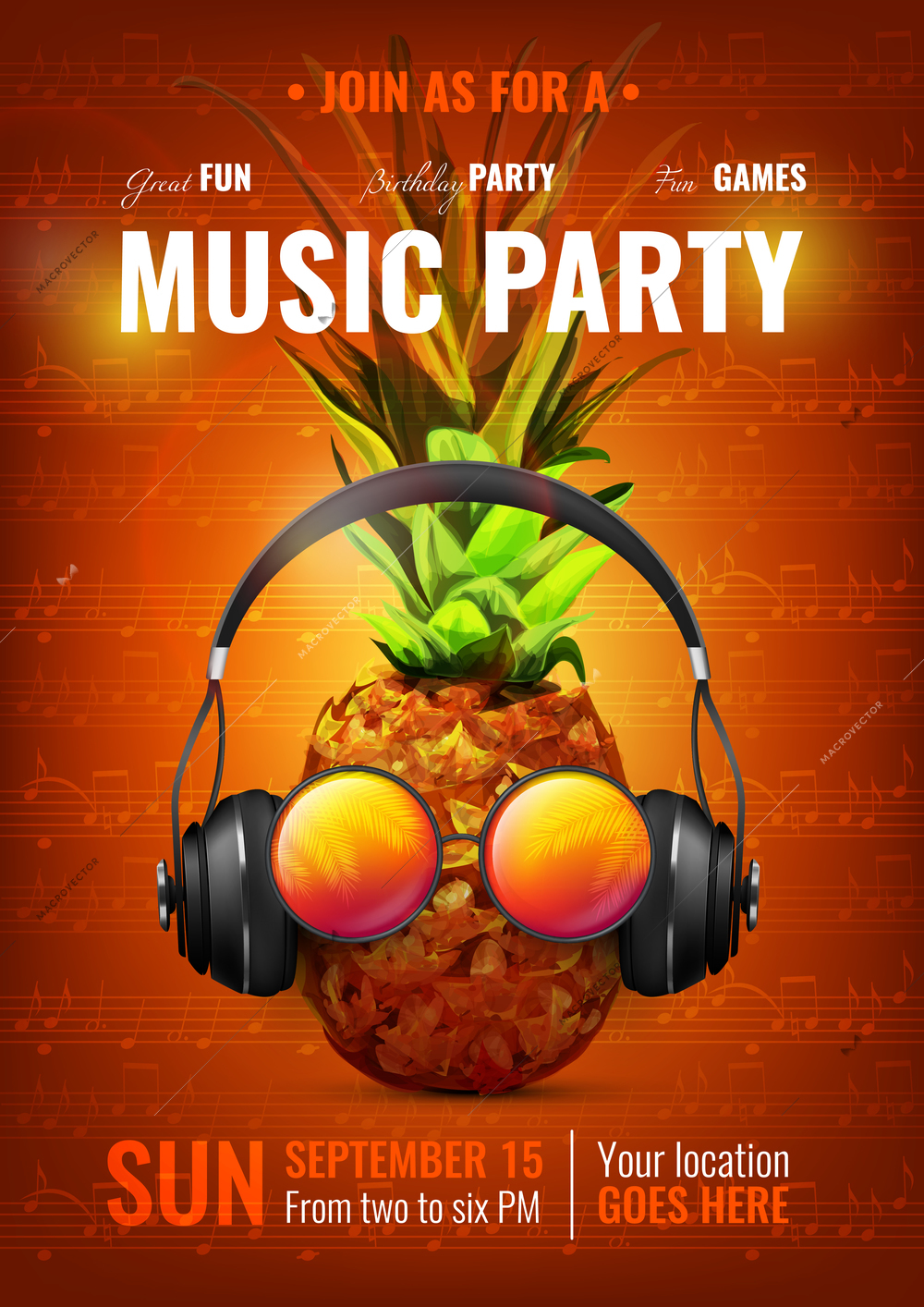 Music party poster with pineapple in realistic headphones, glasses on dark red background with notes vector illustration