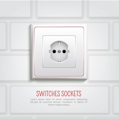 Socket of european standard with red line at plastic panel on white brick wall background vector illustration