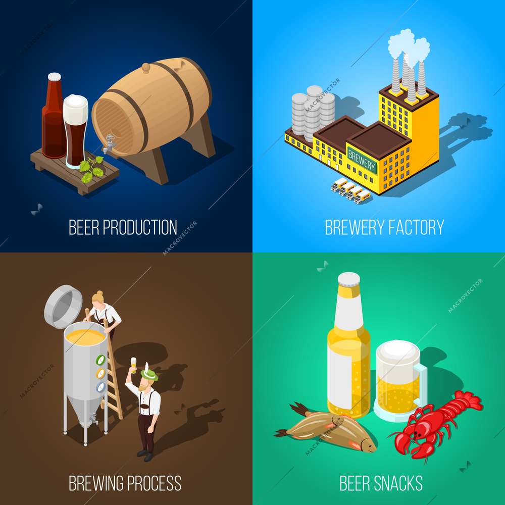 Isometric beer production and salty snacks 2x2 concept isolated on colorful backgrounds 3d vector illustration