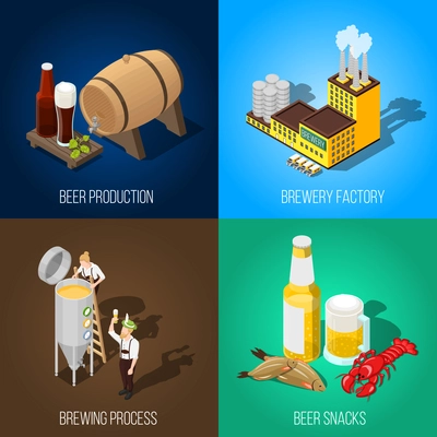 Isometric beer production and salty snacks 2x2 concept isolated on colorful backgrounds 3d vector illustration