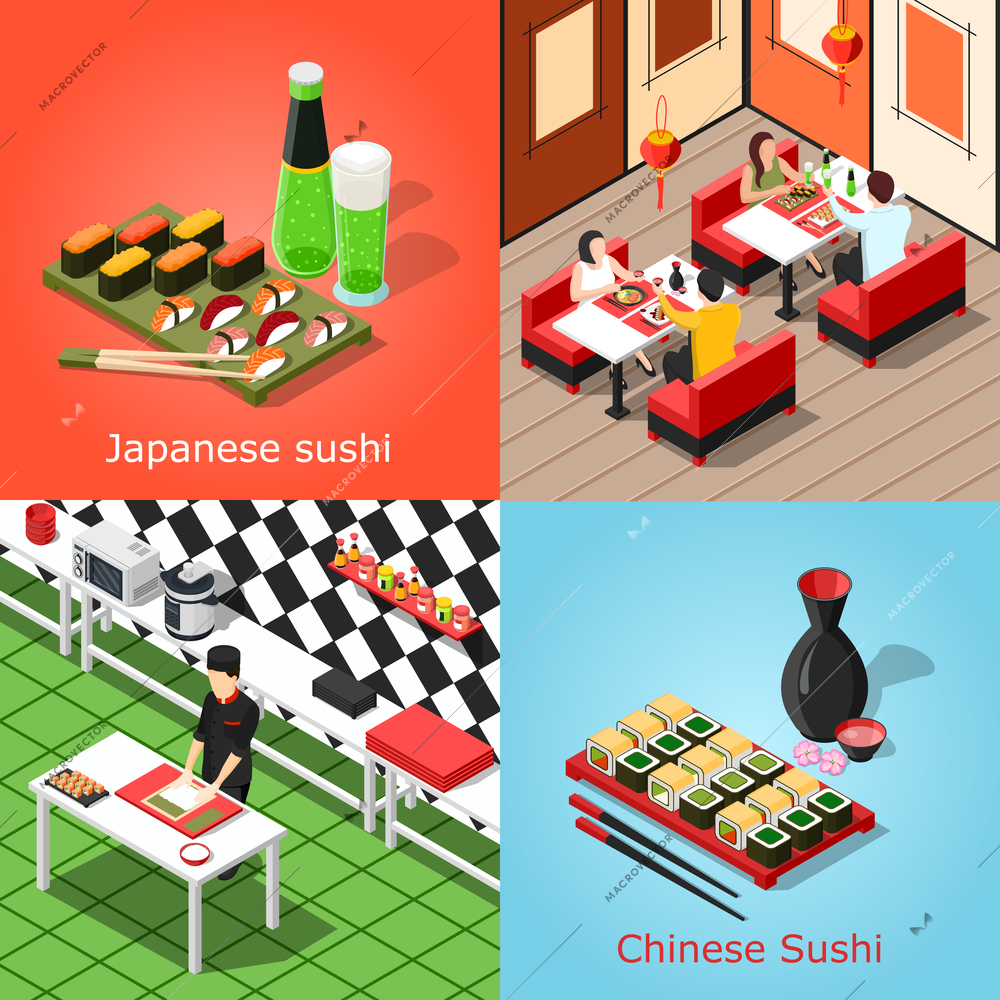 Isometric sushi bar with chinese and japanese cuisine 2x2 concept isolated on colorful backgrounds 3d vector illustration