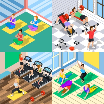 Isometric 2x2 design concept with people having cardio weight and yoga workouts at gym 3d isolated vector illustration