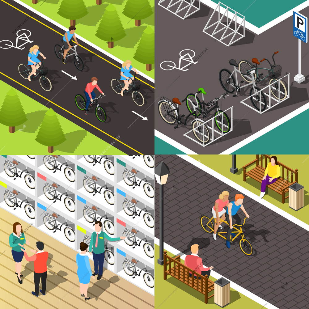 Isometric 2x2 design concept with people riding and choosing bicycles 3d isolated vector illustration