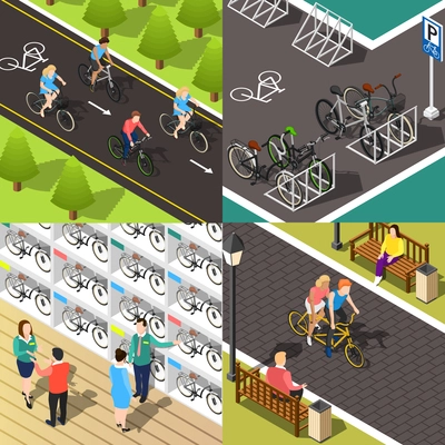 Isometric 2x2 design concept with people riding and choosing bicycles 3d isolated vector illustration