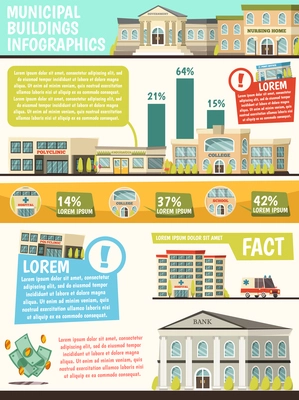 Orthogonal municipal buildings infographics with facts of buildings and their percentage rating vector illustration