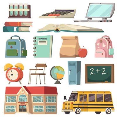 School isolated orthogonal icon set with needed attributes and tools for education vector illustration