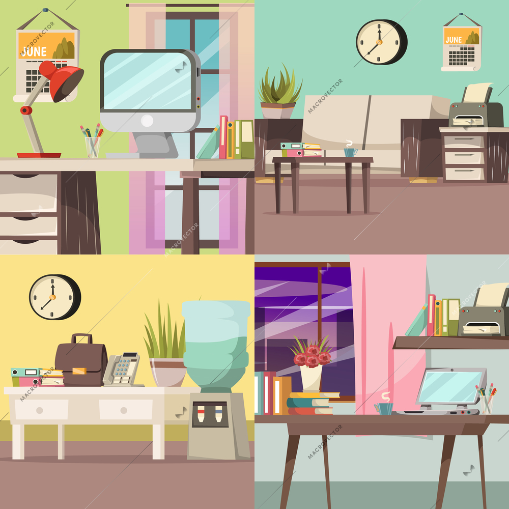 Four squares office orthogonal concept set with different styles and designs of workplace vector illustration