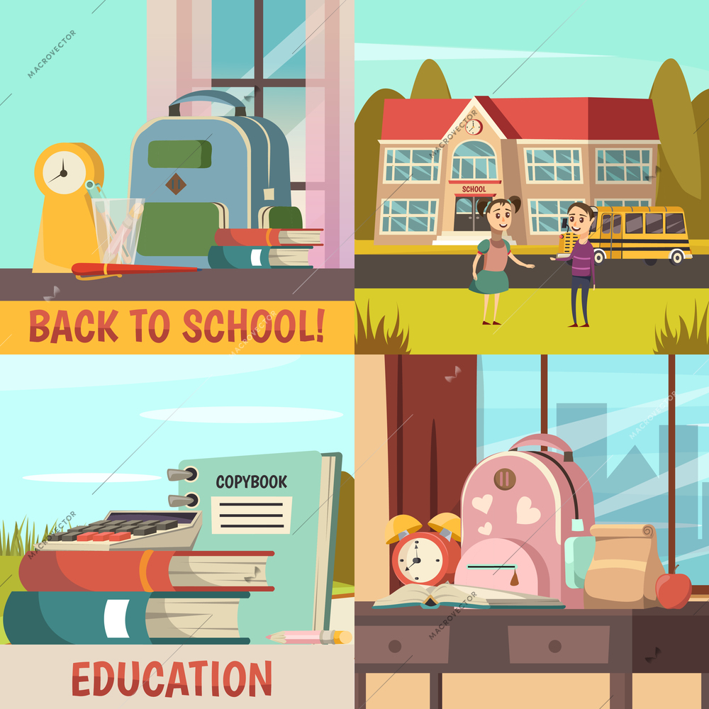 Four squares school orthogonal colored icon set with back to school and education headlines vector illustration