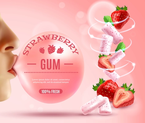 Realistic gum composition with human hands bubblegum with editable text and whirlwind of berries and gum pieces vector illustration