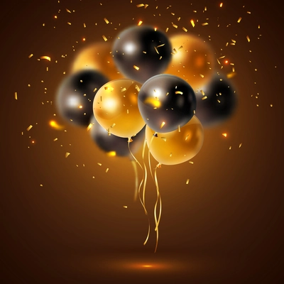 Glossy balloons composition with a bunch of sleek black and yellow balloons with golden sparkles vector illustration