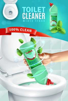 Realistic fresh fragrance toilet cleaner composition vertical advertising poster with human hand applying cleaner to toilet bowl vector illustration