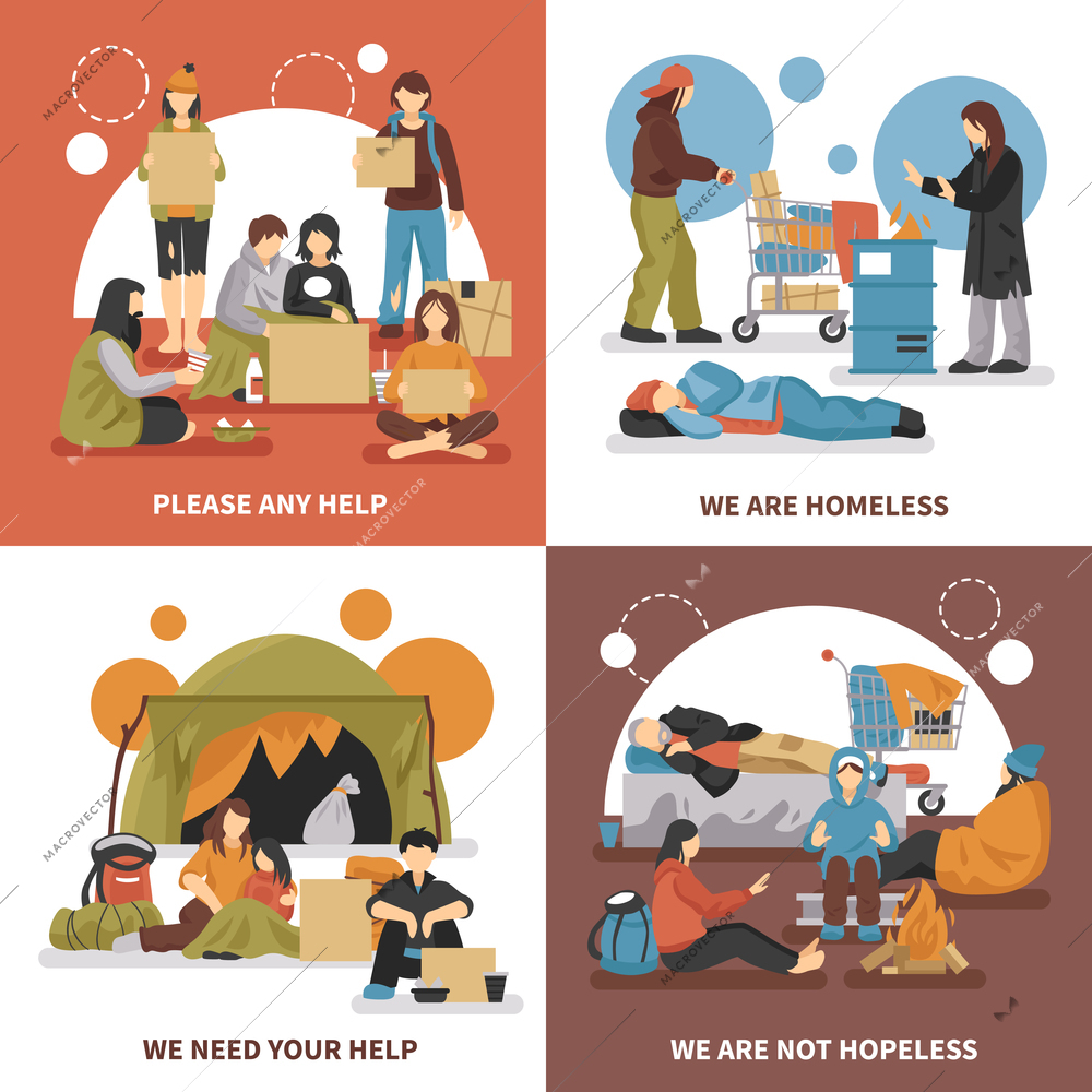 Four squares homeless people design concept set with please any help we are homeless we need your help descriptions vector illustration
