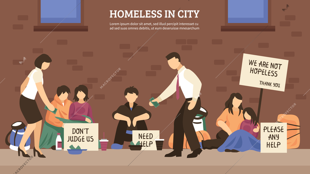 Homeless people town composition with homeless in city headline and different people who live on the street vector illustration