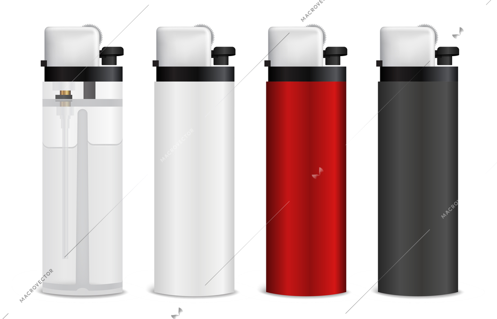 Set of realistic pocket plastic colorful gas or gasoline lighters isolated on white background 3d vector illustration