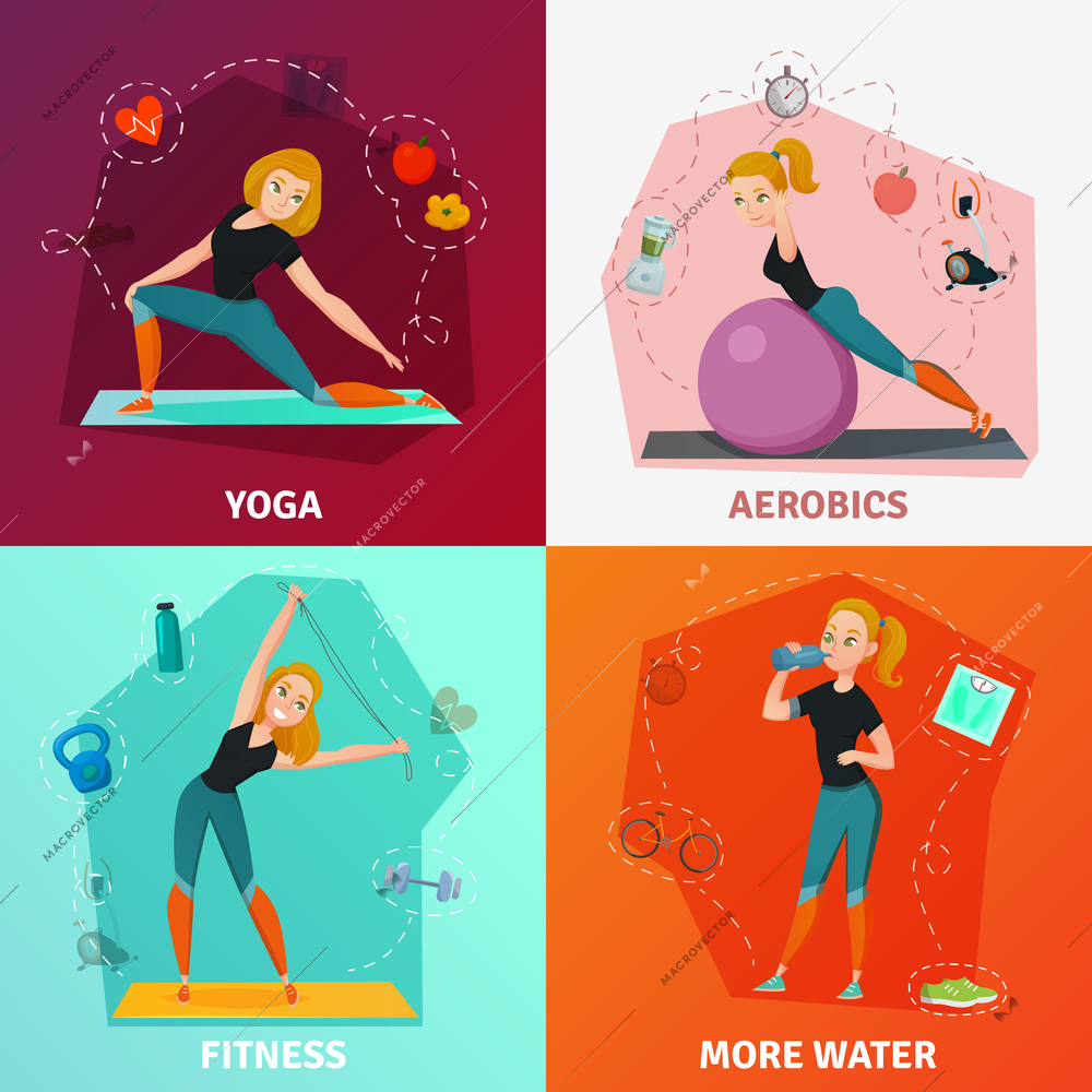 Healthy lifestyle 2x2 design concept with slim girl doing yoga fitness and aerobics isolated on colorful backgrounds cartoon vector illustration