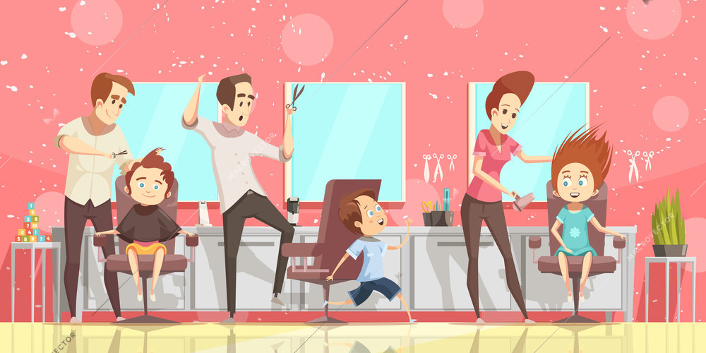 Hair salon background with ckids hairdo and hairdresser flat isolated vector illustration