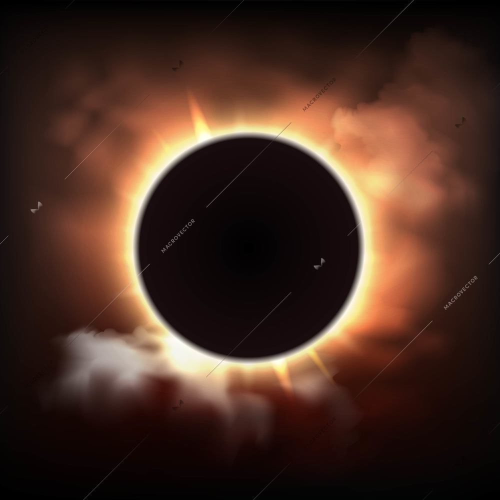 Abstract background with total sun eclipse in dark clouds in realistic style vector illustration