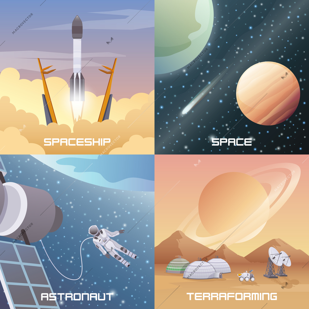 Space exploration 2x2 flat design concept with spaceship startup astronaut in open space terraforming square compositions cartoon vector illustration