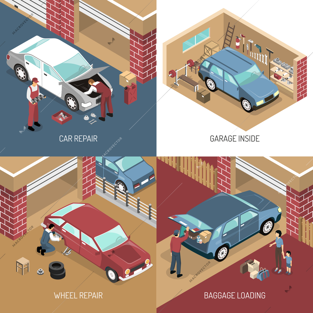 Isometric design concept with garage inside, car repair, wheel replacement, baggage loading isolated vector illustration