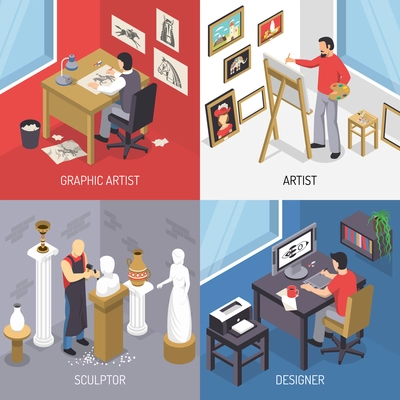 Artists isometric design concept including painting and graphic drawing, sculpture and computer design isolated vector illustration