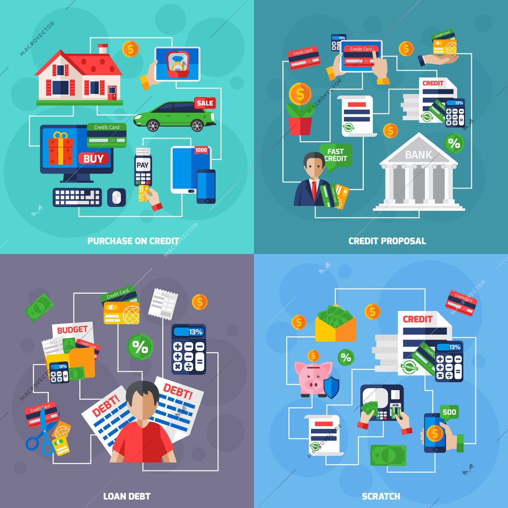 Loan and debt financial concept flat set isolated vector illustration