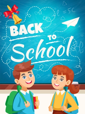 Back to school blue chalkboard background poster with smiling schoolgirl schoolboy with backpacks and schoolbel  vector illustration