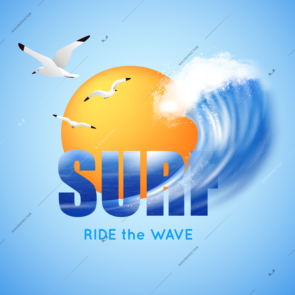 Surfing and big ocean wave poster with typographic lettering, sun, flying seagulls on blue background vector illustration