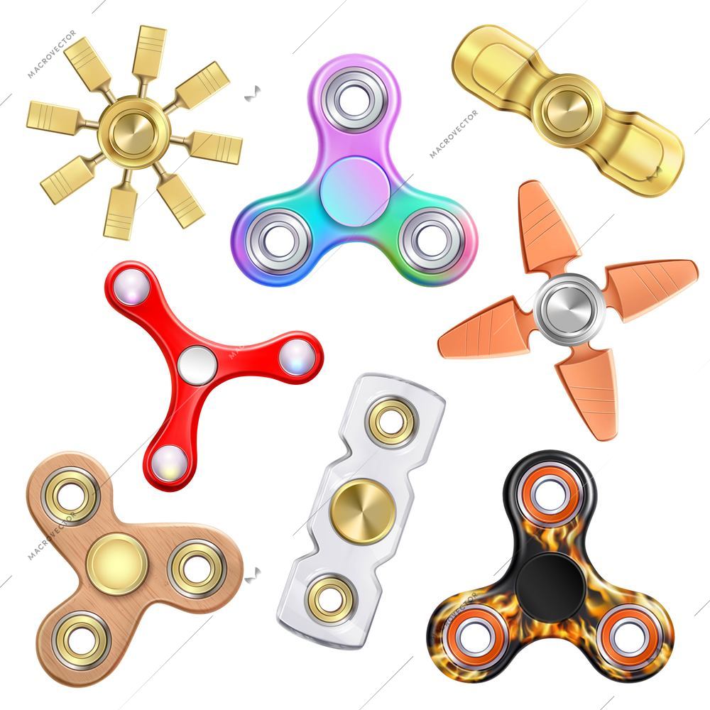 Fidget finger spinner realistic set with stress-relieving toy images and various models with different shape vector illustration