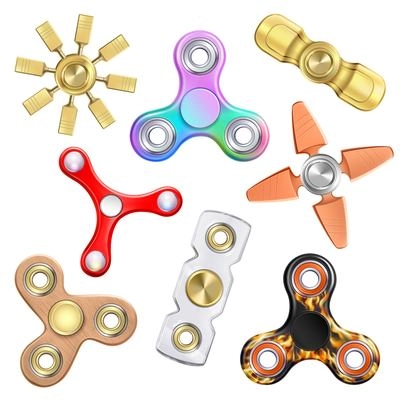 Fidget finger spinner realistic set with stress-relieving toy images and various models with different shape vector illustration