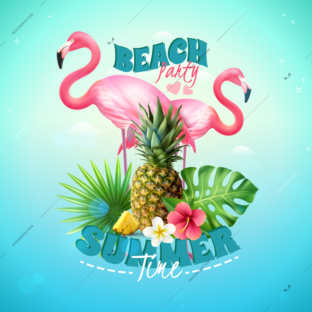 Summer beach party background with pineapple tropical plants and flamingoes realistic vector illustration