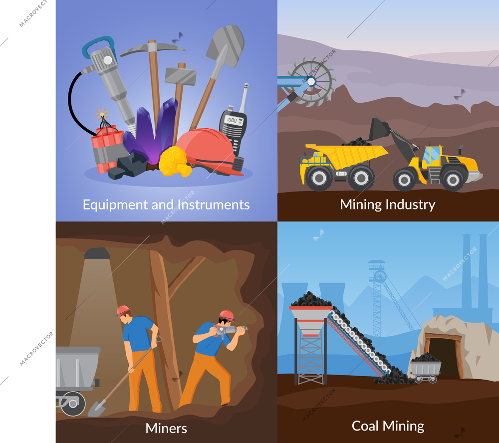 Mining industry flat design concept with equipment and instruments, manual labor, transportation, coal extraction, isolated vector illustration