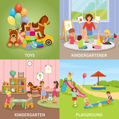 Kindergarten flat design concept including educator during gaming lesson, colorful toys, kids at playground isolated vector illustration