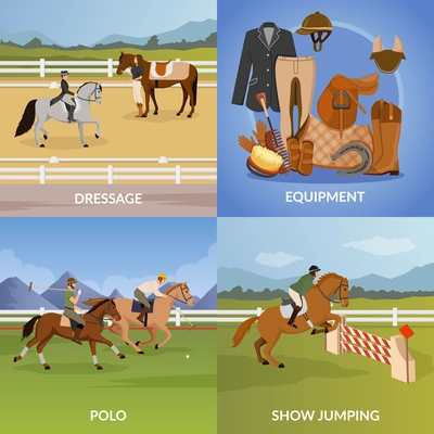 Equestrian sport design concept with equipment for horse and jockey, dressage, polo, show jumping isolated vector illustration