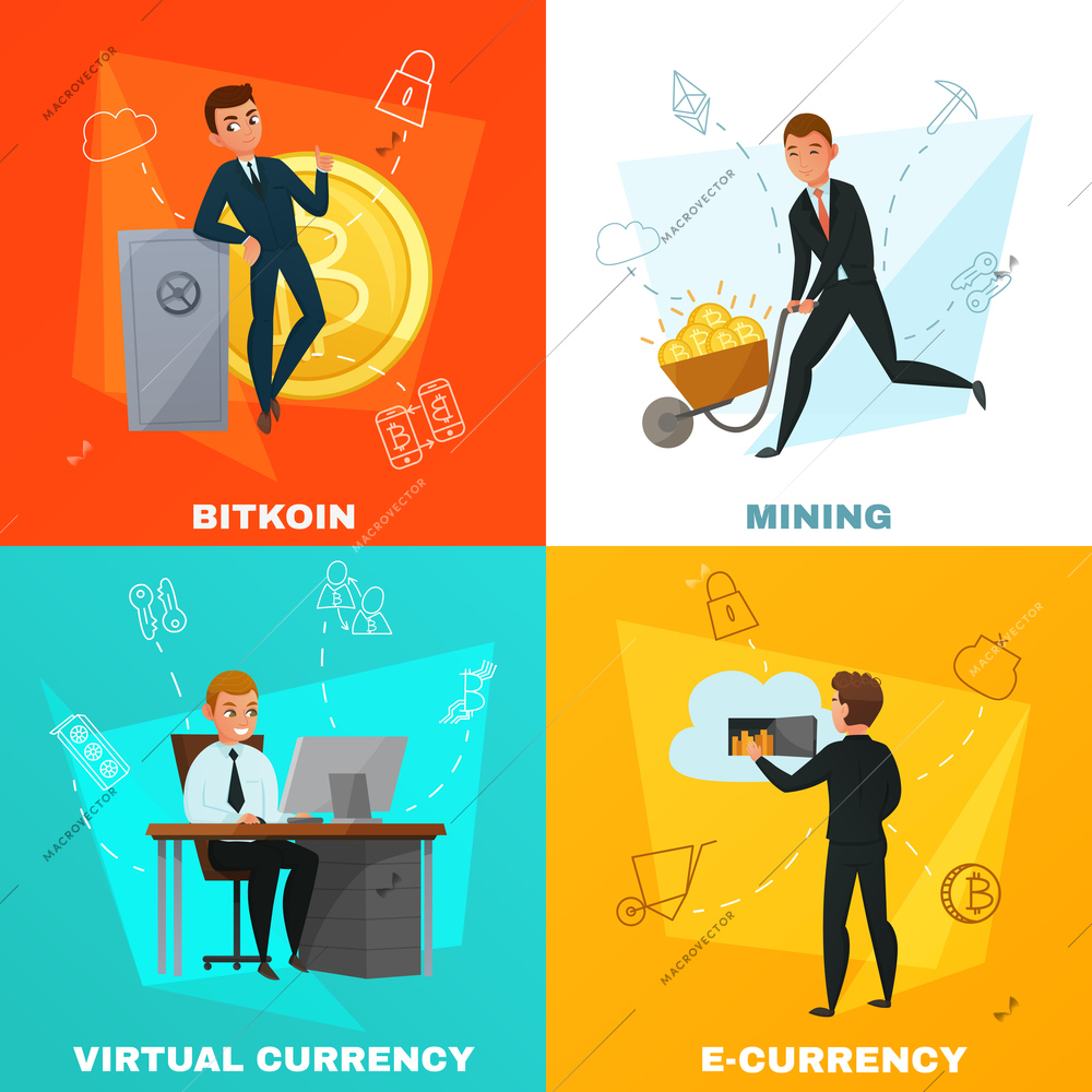 Cryptocurrency virtual money and bitcoin mining 2x2 design concept isolated on colorful backgrounds cartoon vector illustration