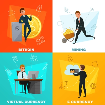 Cryptocurrency virtual money and bitcoin mining 2x2 design concept isolated on colorful backgrounds cartoon vector illustration