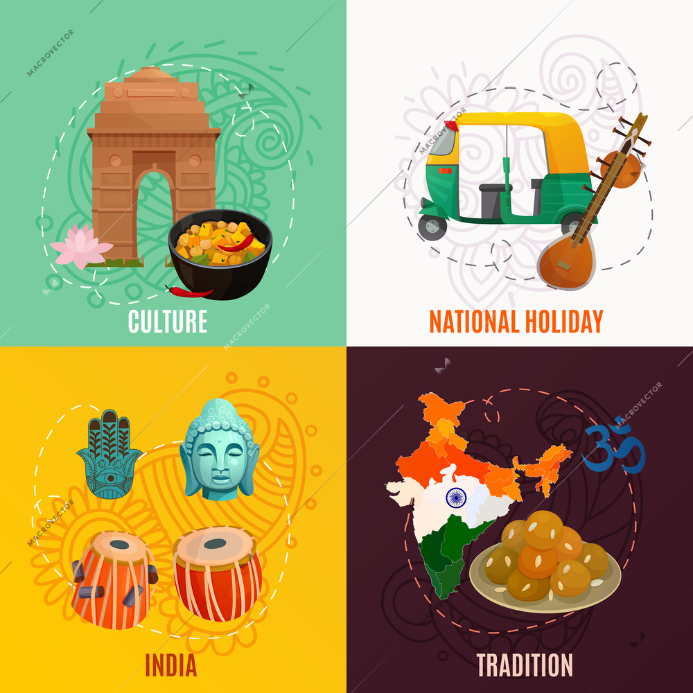 Indian Culture Traditional Symbols 2x2 Design Vector Illustration 31126 |  Macrovector